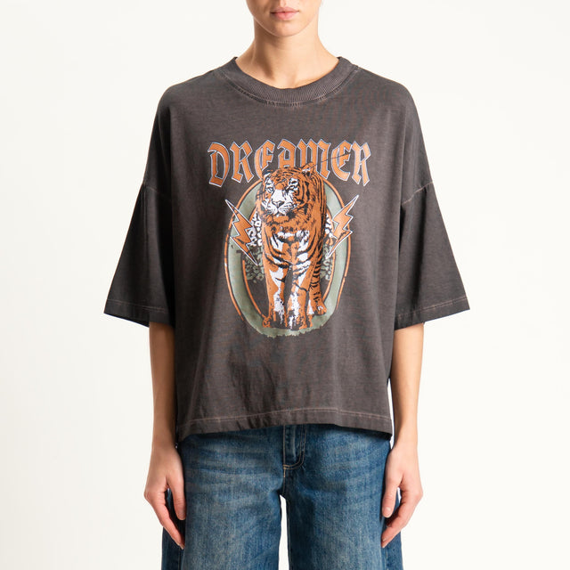 Haveone- T-shirt stampa tigre stone washed - moro