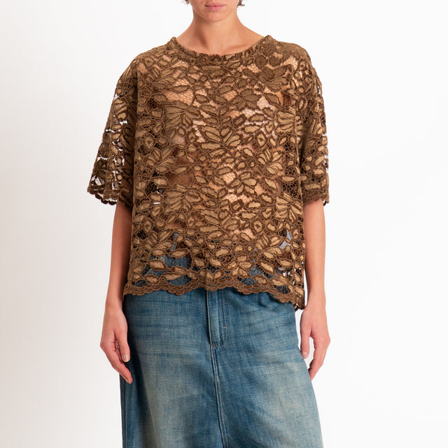 Haveone-Blusa mezza manica in pizzo - moro