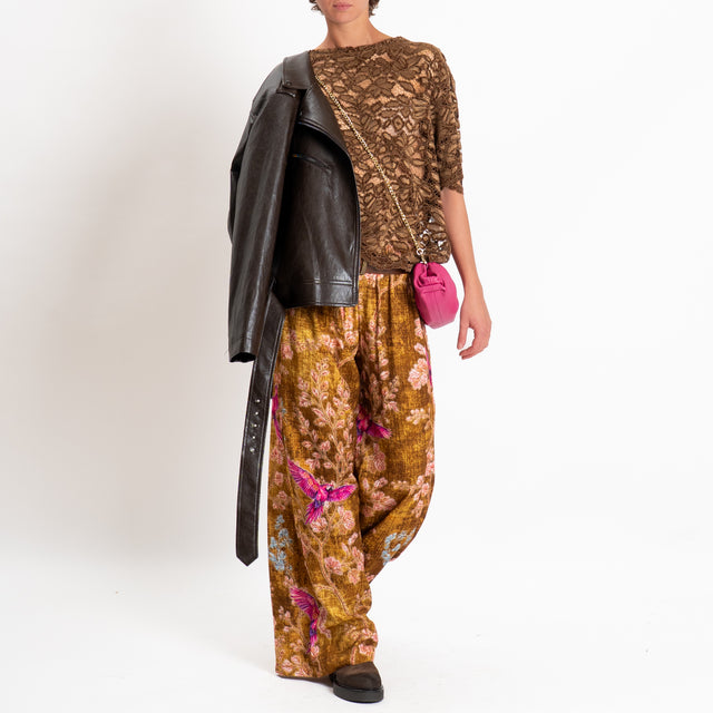 Haveone-Blusa mezza manica in pizzo - moro