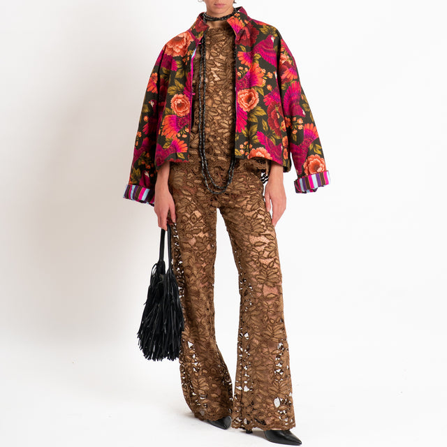 Haveone-Blusa mezza manica in pizzo - moro