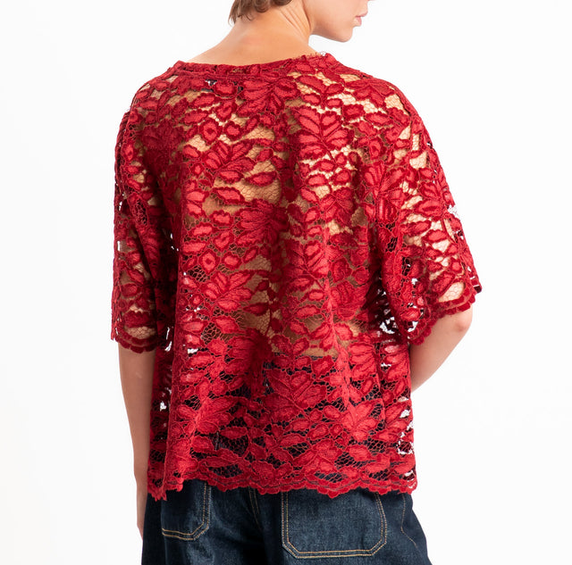 Haveone-Blusa mezza manica in pizzo - rosso