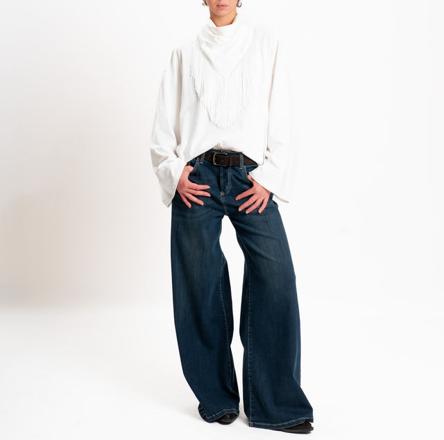 Haveone wide-sleeve T-shirt with fringe bandana - cream