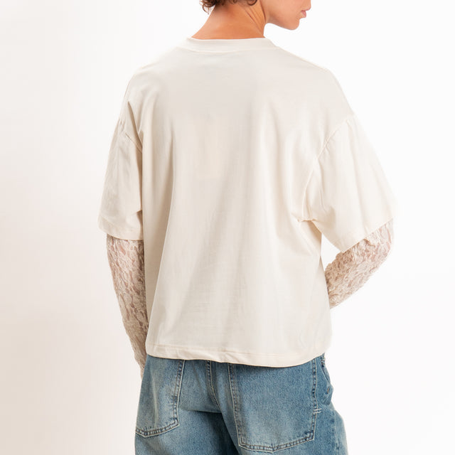 Haveone-T-shirt in jersey maniche con pizzo - burro