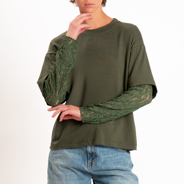 Haveone-T-shirt in jersey maniche con pizzo - militare