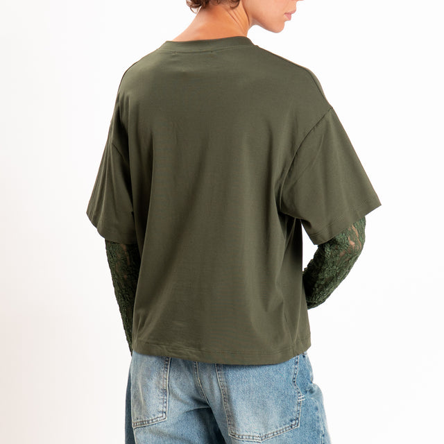 Haveone-T-shirt in jersey maniche con pizzo - militare
