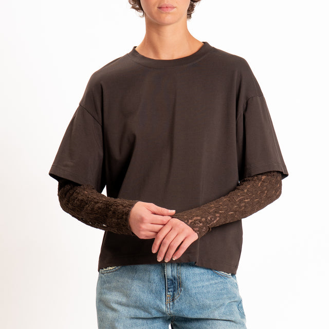 Haveone-T-shirt in jersey maniche con pizzo - moro
