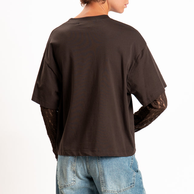 Haveone-T-shirt in jersey maniche con pizzo - moro