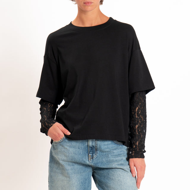 Haveone-T-shirt in jersey maniche con pizzo - Nero
