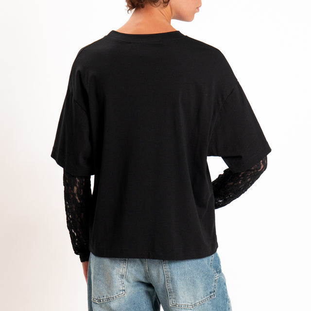 Haveone-T-shirt in jersey maniche con pizzo - Nero