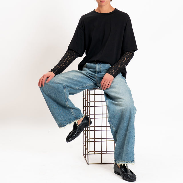 Haveone-T-shirt in jersey maniche con pizzo - Nero