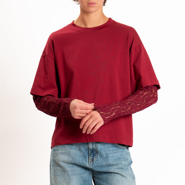Haveone-T-shirt in jersey maniche con pizzo - Bordeaux