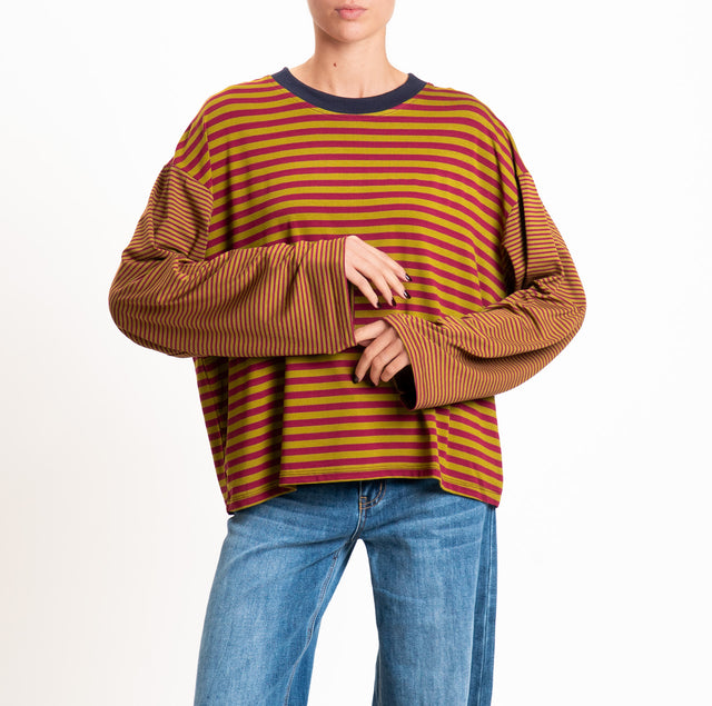 Haveone-T-shirt righe manica ampia - blu/foglia/vino