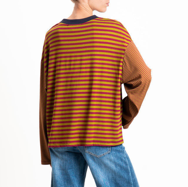 Haveone-T-shirt righe manica ampia - blu/foglia/vino