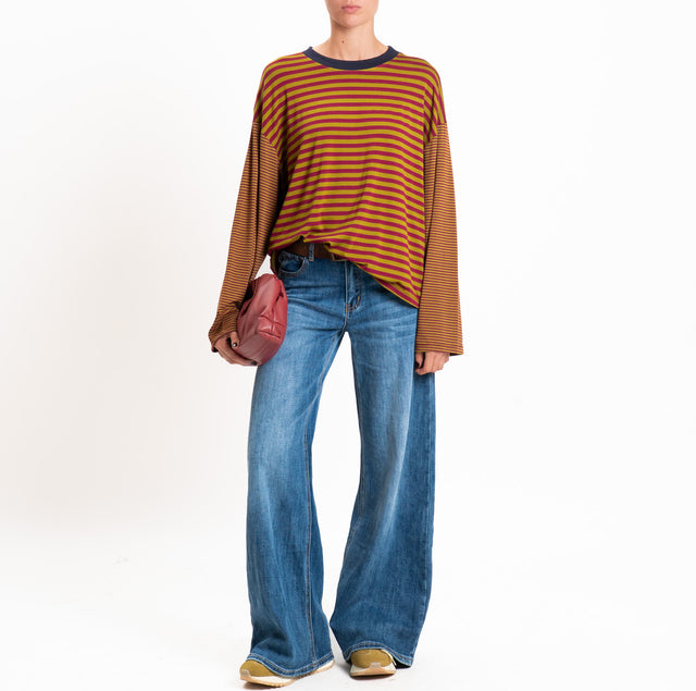 Haveone-T-shirt righe manica ampia - blu/foglia/vino
