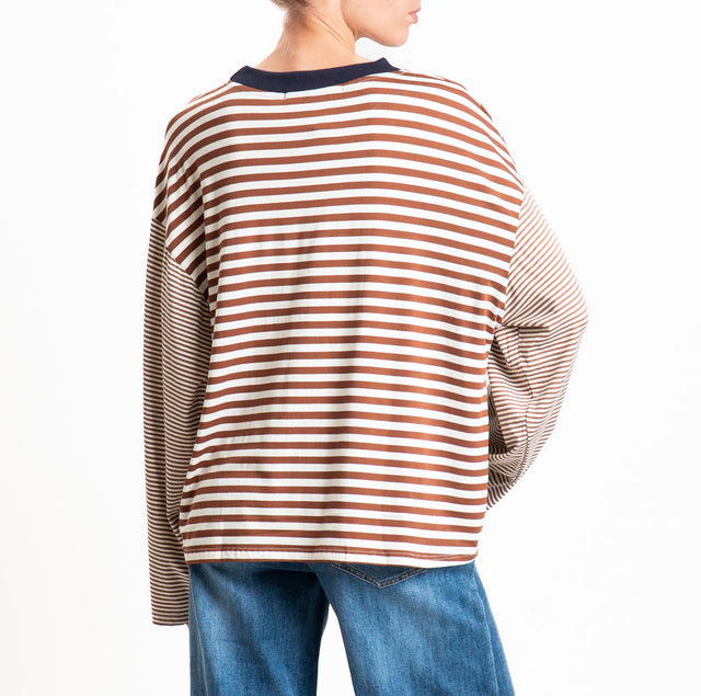 Haveone-T-shirt righe manica ampia - blu/panna/tabacco