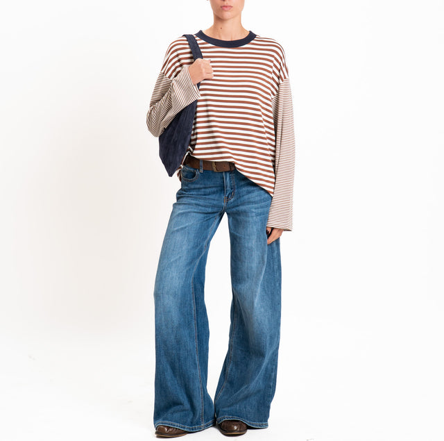 Haveone-T-shirt righe manica ampia - blu/panna/tabacco