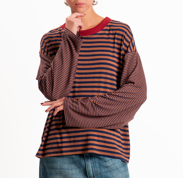 Haveone-T-shirt righe manica ampia - bordeaux/tabacco/blu