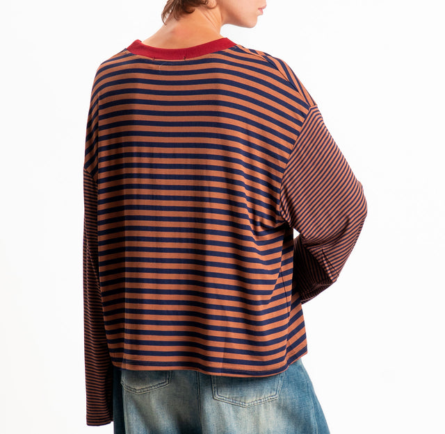 Haveone-T-shirt righe manica ampia - bordeaux/tabacco/blu