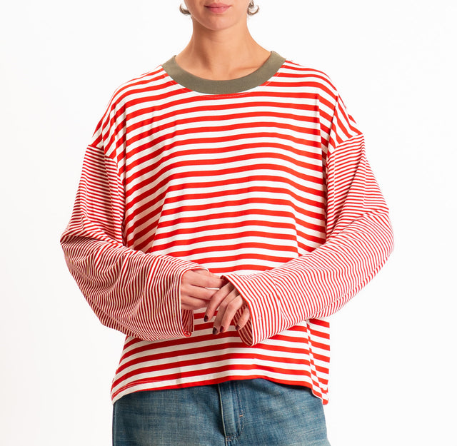 Haveone-T-shirt righe manica ampia - militare/panna/rosso