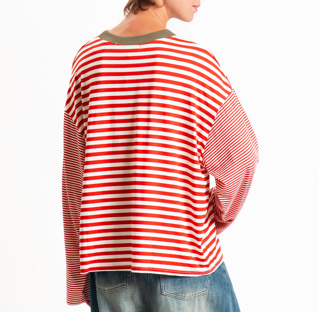 Haveone-T-shirt righe manica ampia - militare/panna/rosso