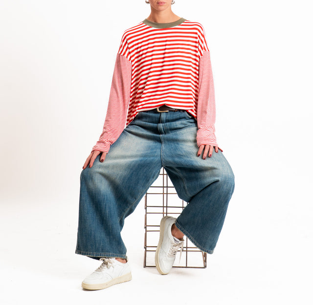 Haveone-T-shirt righe manica ampia - militare/panna/rosso