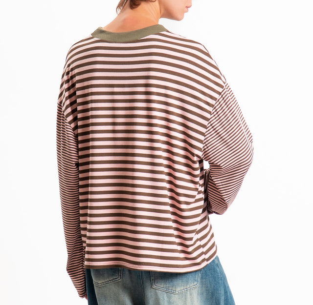 Haveone-T-shirt righe manica ampia - militare/rosa/moro