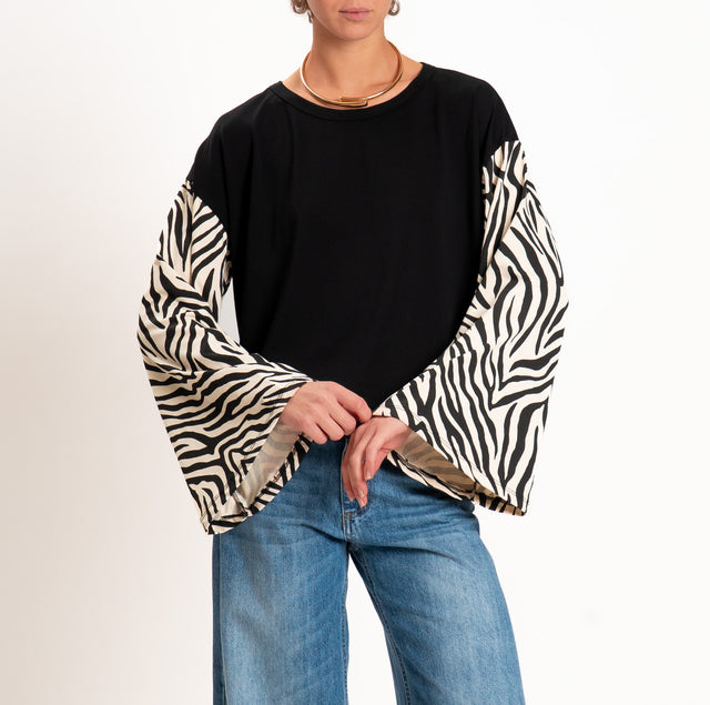 Haveone wide-sleeve zebra print T-shirt - black/butter