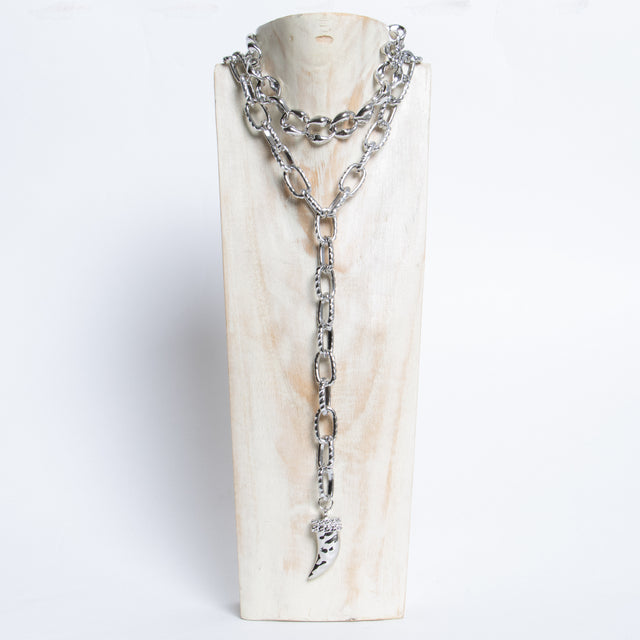 W by Whitemood-Collana doppia catena martellata con corno - silver