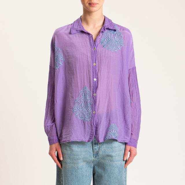 Tensione in-Camicia misto seta con ricami - bouganville/avio