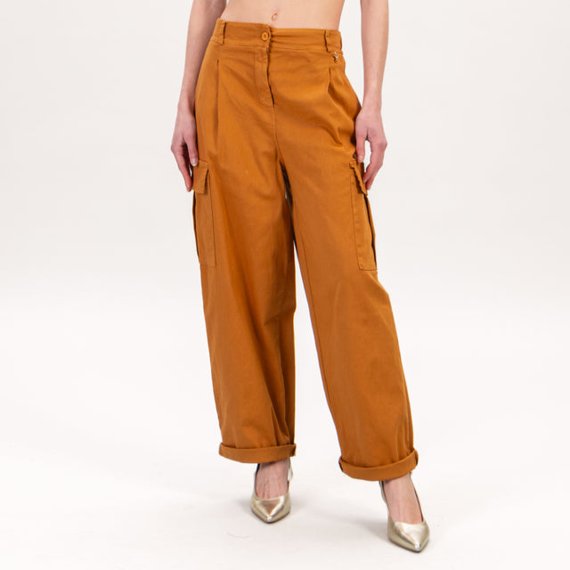 Souvenir-Pantalone cargo elastico dietro cotone elasticizzato - mostarda