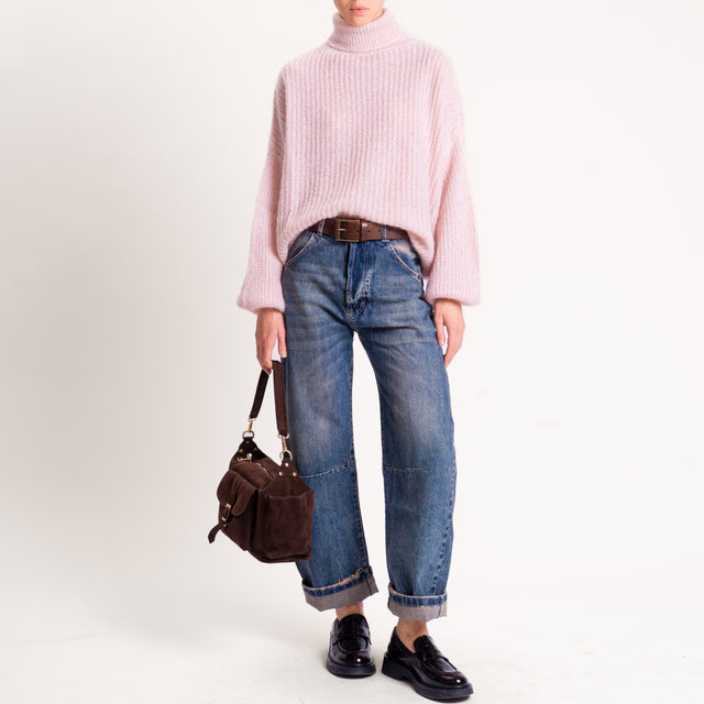 Kontatto-Maglia mohair collo alto coste inglesi - rosa