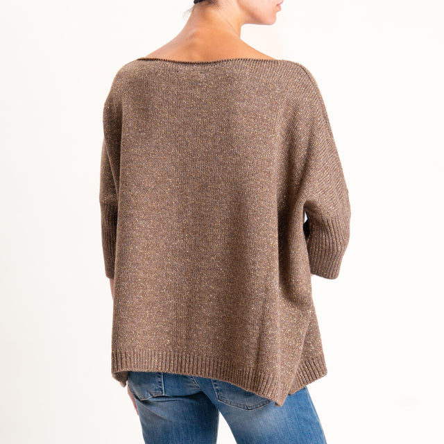 Kontatto-Maglia filo lurex misto alpaca con spilla - tortora/oro