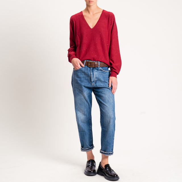 Kontatto-Maglia scollo v con micro paillettes - cherry