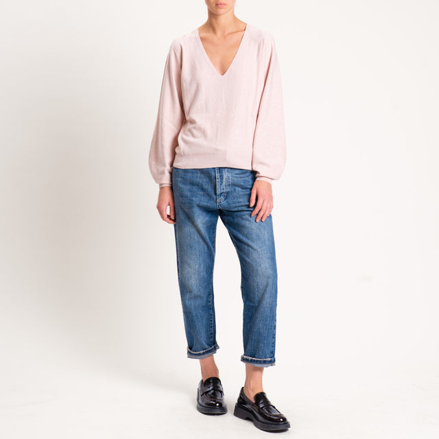 Kontatto-Maglia scollo v con micro paillettes - rosa