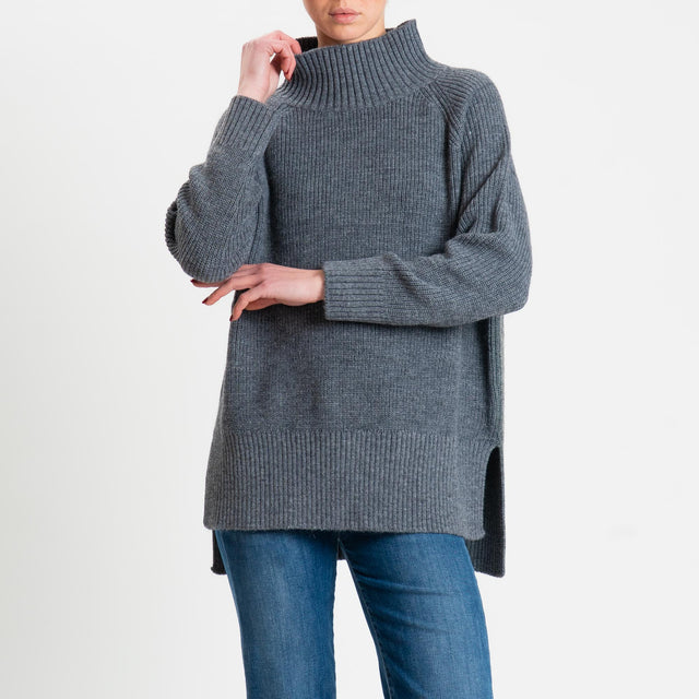 Kontatto-Maglia collo montato spacchi laterali misto alpaca - grigio medio