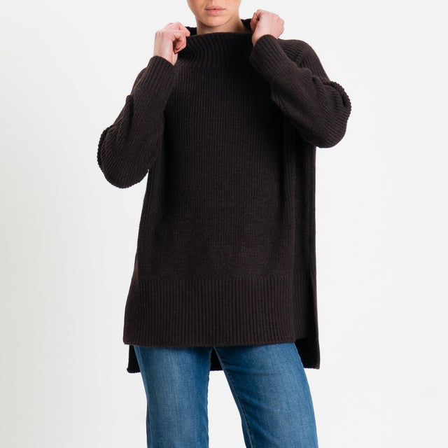 Kontatto-Maglia collo montato spacchi laterali misto alpaca - moro