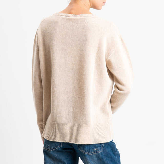 Kontatto-Maglia girocollo bordi a coste 100% LANA - mastice