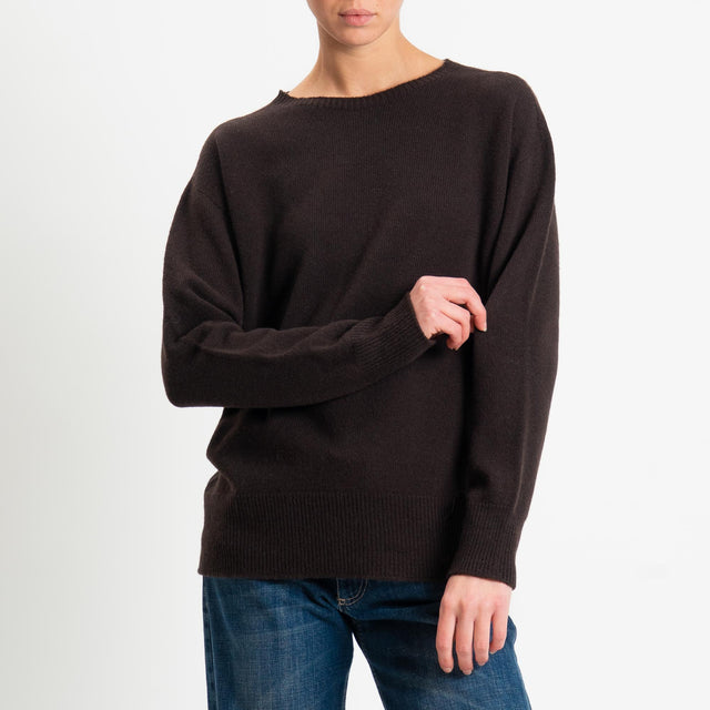 Kontatto-Maglia girocollo bordi a coste 100% LANA - moro
