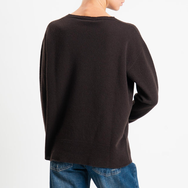 Kontatto-Maglia girocollo bordi a coste 100% LANA - moro
