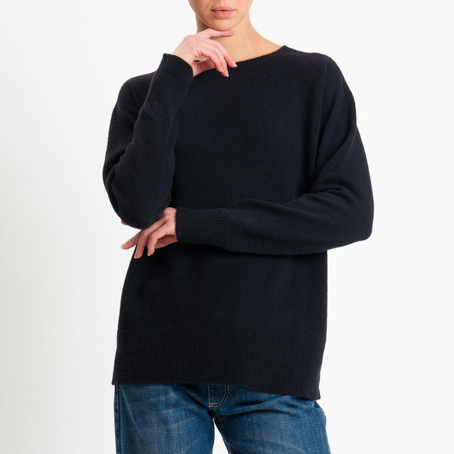 Kontatto-Maglia girocollo bordi a coste 100% LANA - nero