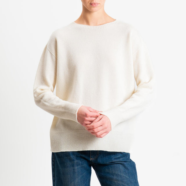 Kontatto-Maglia girocollo bordi a coste 100% LANA - panna