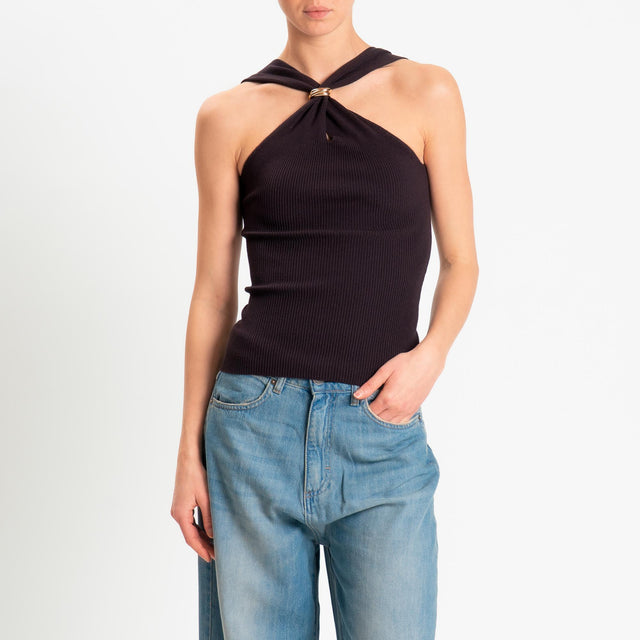 Kontatto- Top incrociato a costine con accessorio - cioccolato