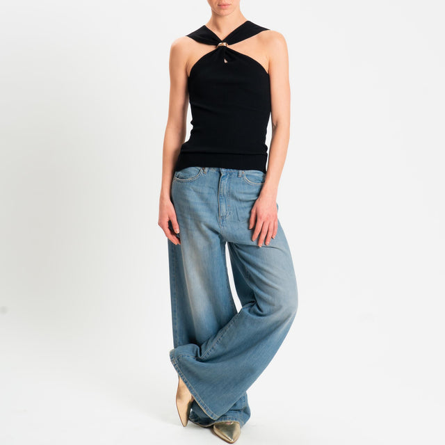 Kontatto- Top incrociato a costine con accessorio - Nero