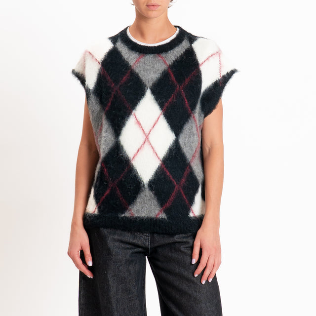 Kontatto-Gilet misto alpaca fantasia rombi - nero/panna/grigio medio