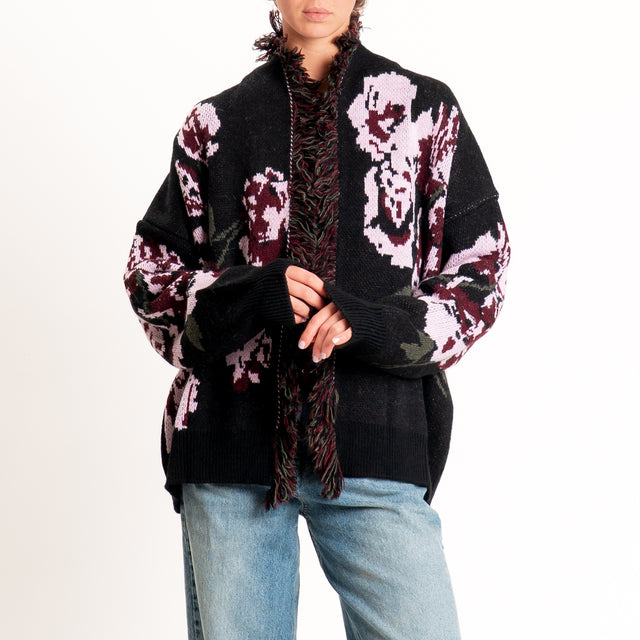 Kontatto-Cardigan fantasia rose misto alpaca - nero/rosa/marsala