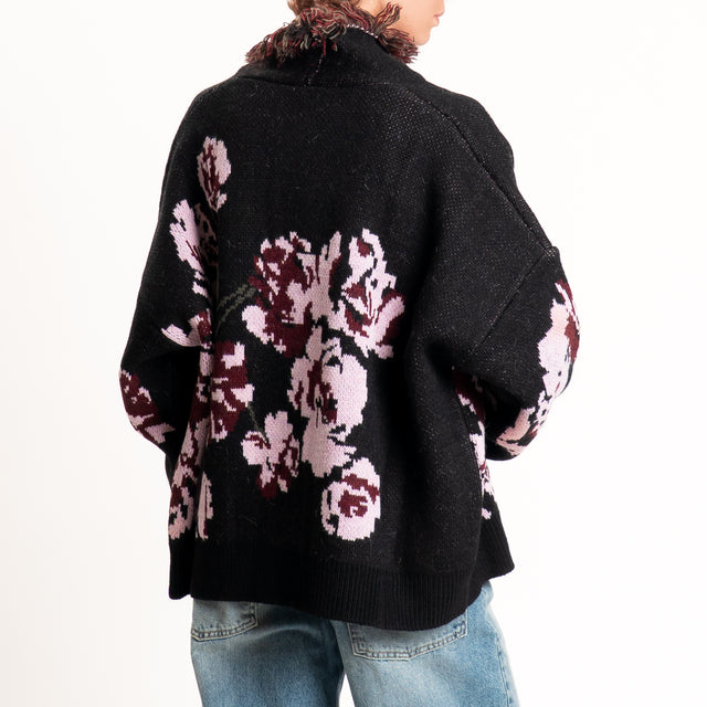 Kontatto-Cardigan fantasia rose misto alpaca - nero/rosa/marsala