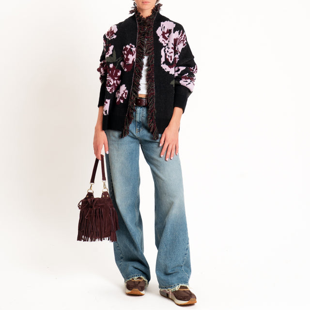 Kontatto-Cardigan fantasia rose misto alpaca - nero/rosa/marsala