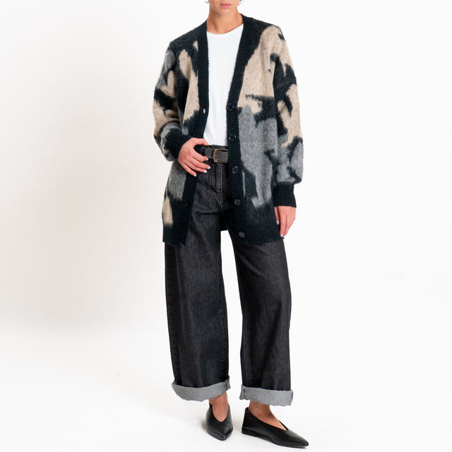 Kontatto-Cardigan fantasia jacquard mohair - nero/mastice/grigio medio
