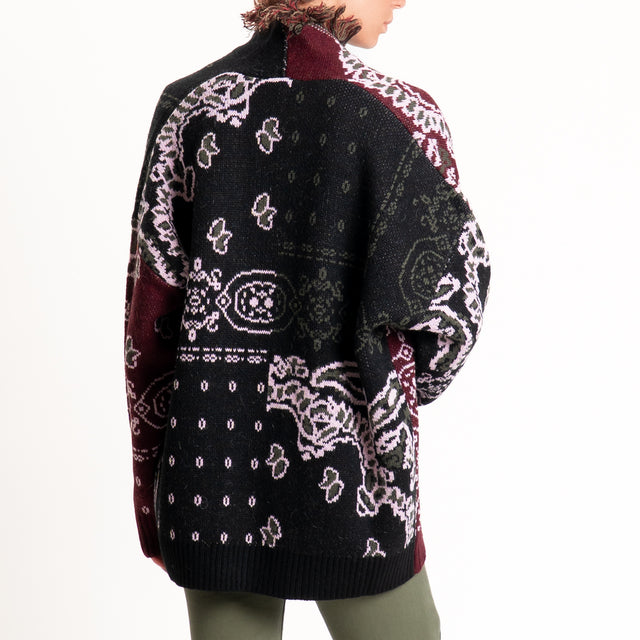 Kontatto-Cardigan fantasia bandana misto alpaca - marsala/nero/rosa