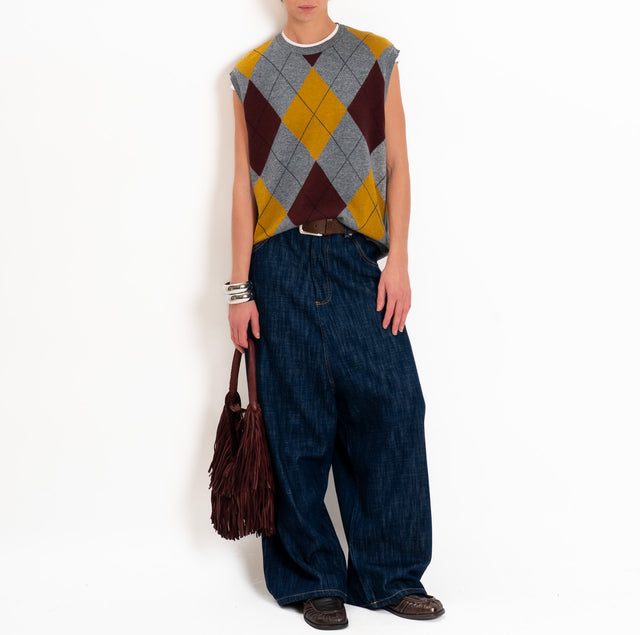 Kontatto-Gilet argyle misto lana/cashmere - grigio/olio/vino
